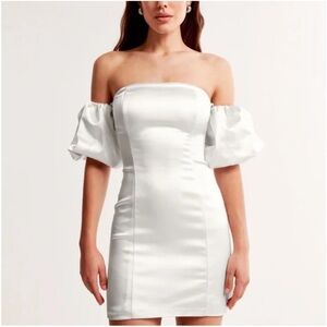 Abercrombie & Fitch White Pearl Satin Off Shoulder Puff Sleeve Mini Dress NWT ST